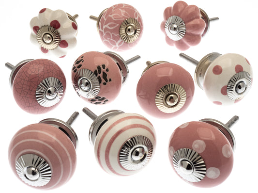 Ceramic Door Knobs Hand Painted Pink & White (Set of 10)