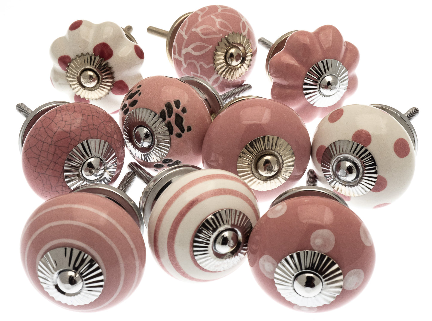 Ceramic Door Knobs Hand Painted Pink & White (Set of 10)