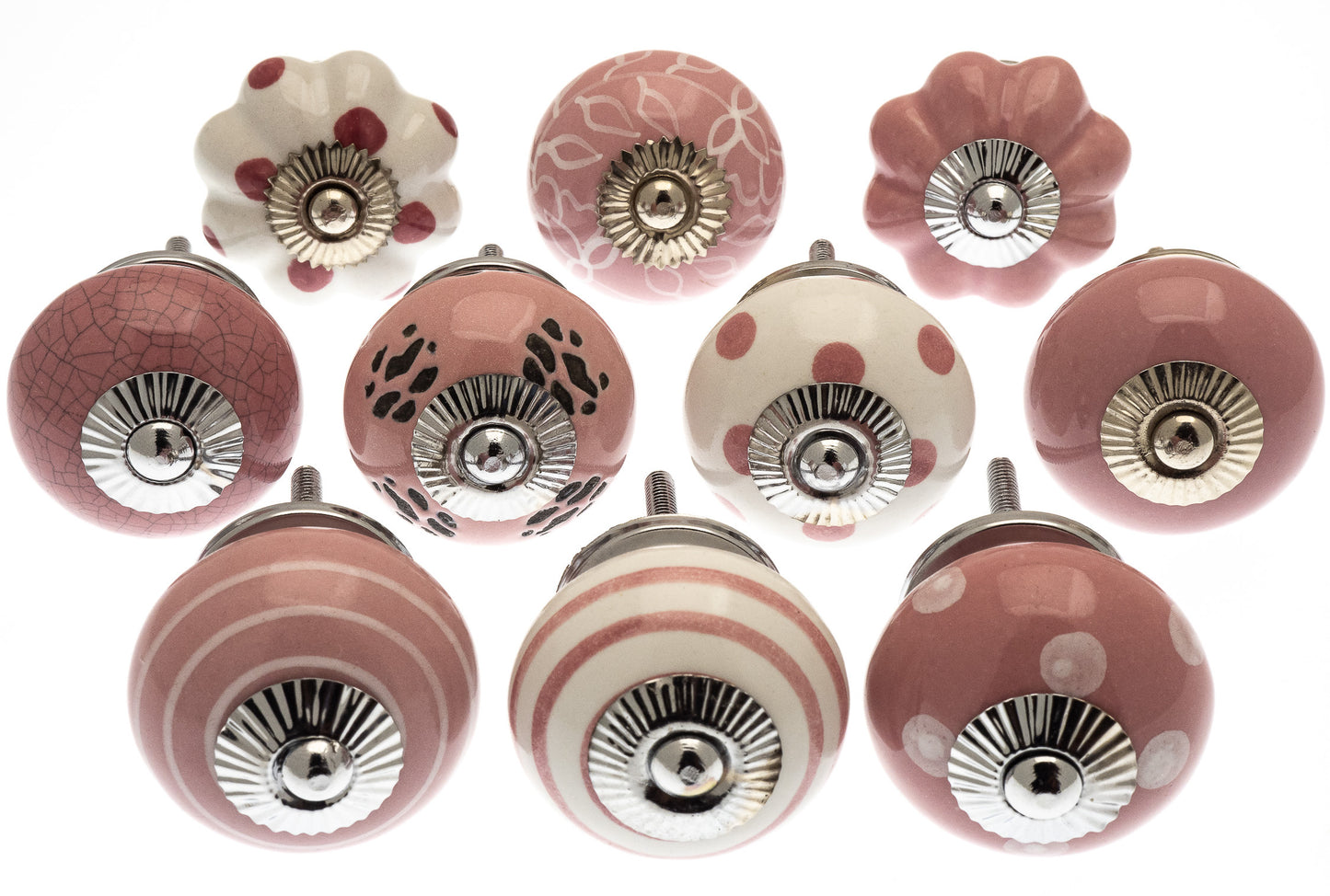 Ceramic Door Knobs Hand Painted Pink & White (Set of 10)