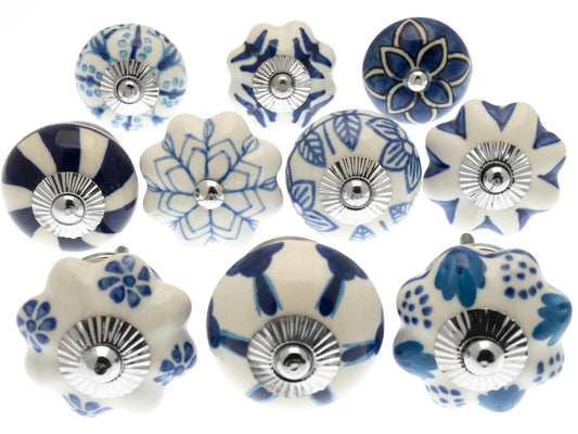 Boutons de porte en céramique Artisan mélangé bleu et blanc (Ensemble de 10)