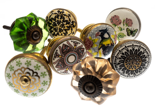 Ceramic Door Knobs Vintage Green and Gold with Glass x Set of 8 (MG-212)