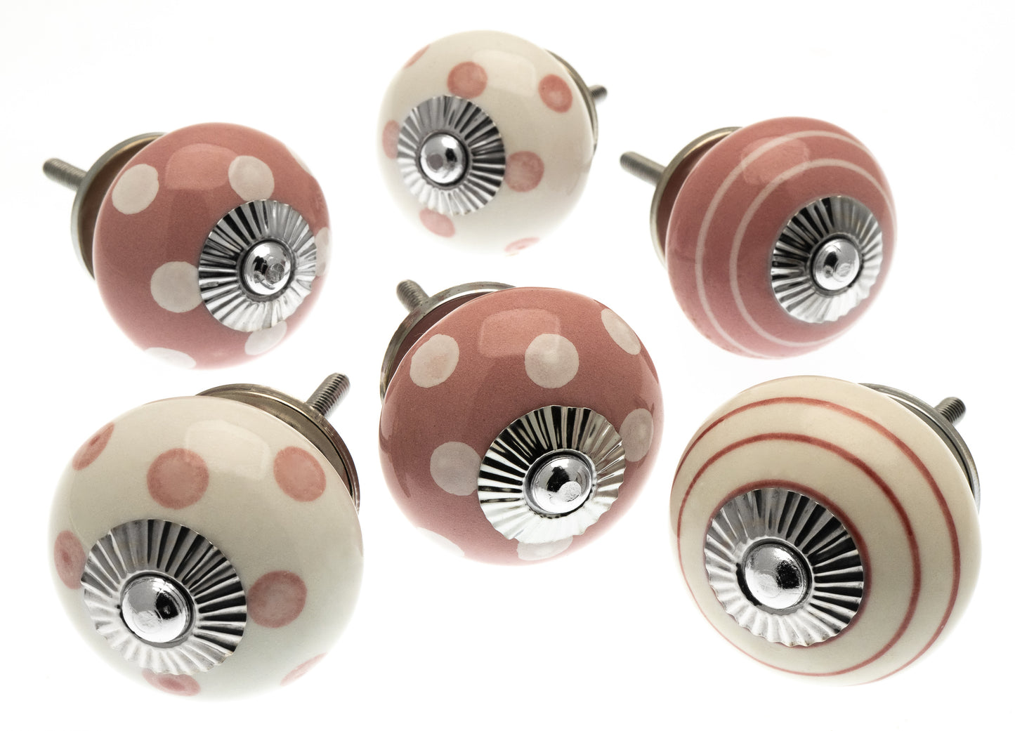 Ceramic Door Knobs Dusty Pink & White Dots & Stripes Set of 6