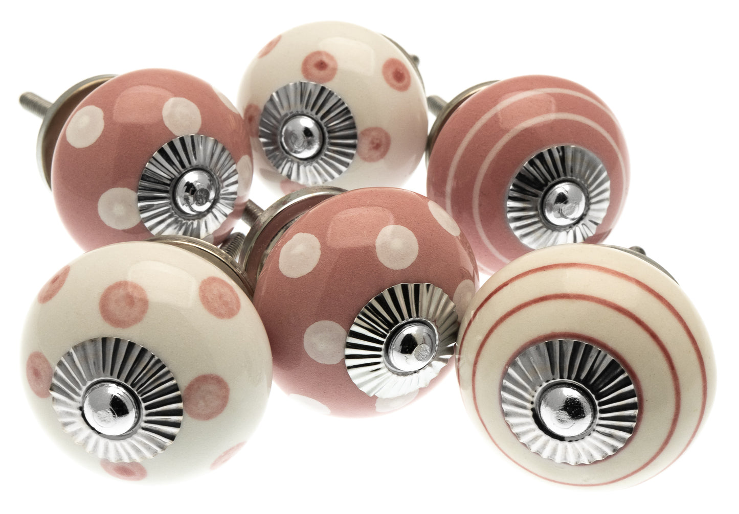Ceramic Door Knobs Dusty Pink & White Dots & Stripes Set of 6