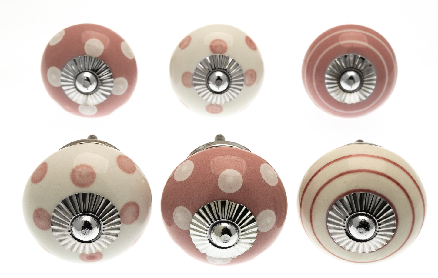 Ceramic Door Knobs Dusty Pink & White Dots & Stripes Set of 6