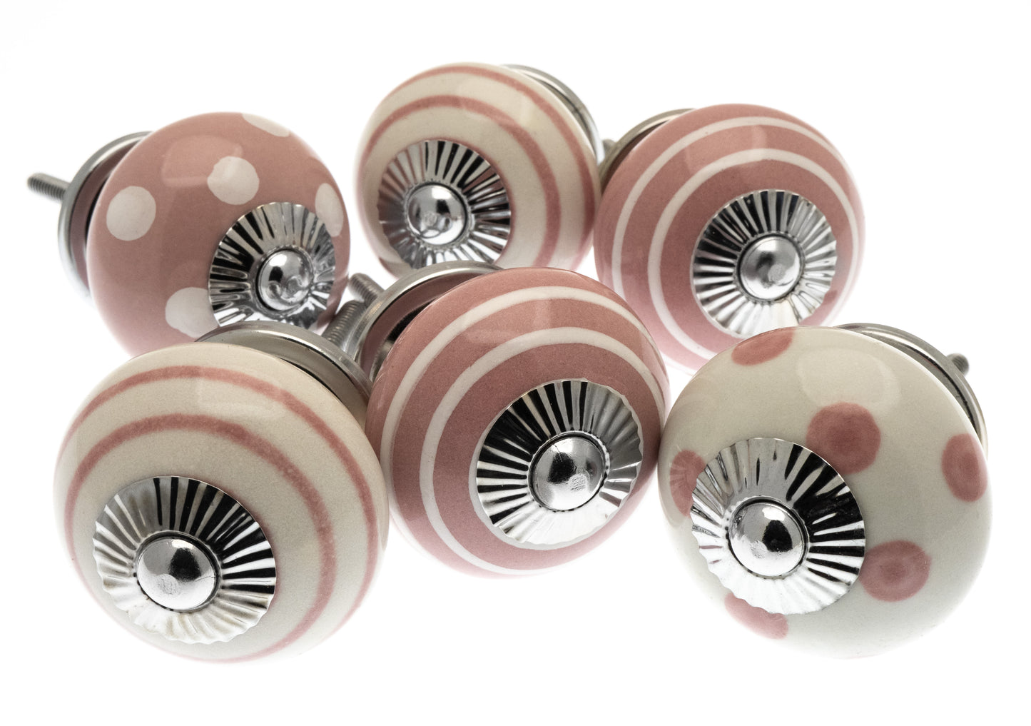 Boutons de porte en céramique Dusty Pink &amp; White Dots &amp; Stripes Ensemble de 6