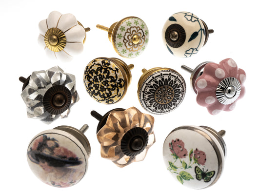 Hand Finished Ceramic Door Knobs in Vintage Styles (Set of 10)