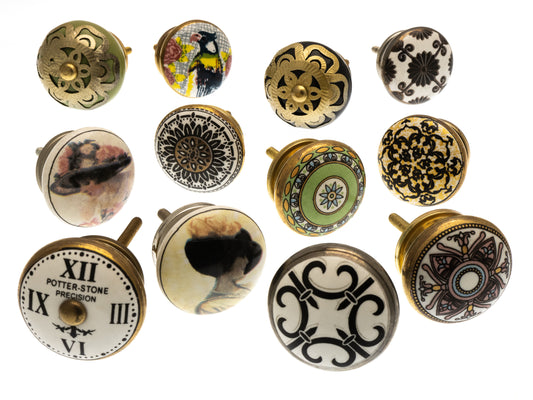 Ceramic Door Knobs Mosaic and Fretwork Designs Set of 12
