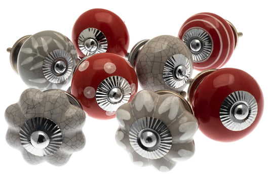 Ceramic Door Knobs - Grey and Warm Reds (Set of 8)