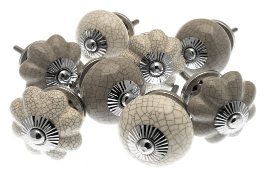 Crackle Effect Grey and White Ceramic Cupboard Drawer Knob Pulls (Set of 8)