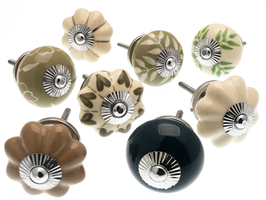 Door Knobs in Sage Green, Mottled Brown and Brass Fretwork - Pack of 8 Cupboard Knobs