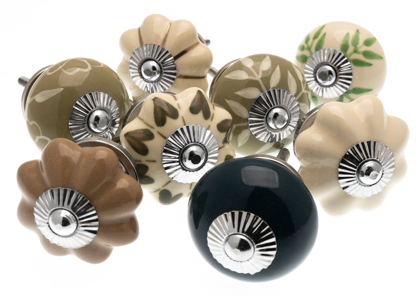 Boutons de porte en vert sauge, marron chiné et chantournage en laiton - Paquet de 8 boutons de placard