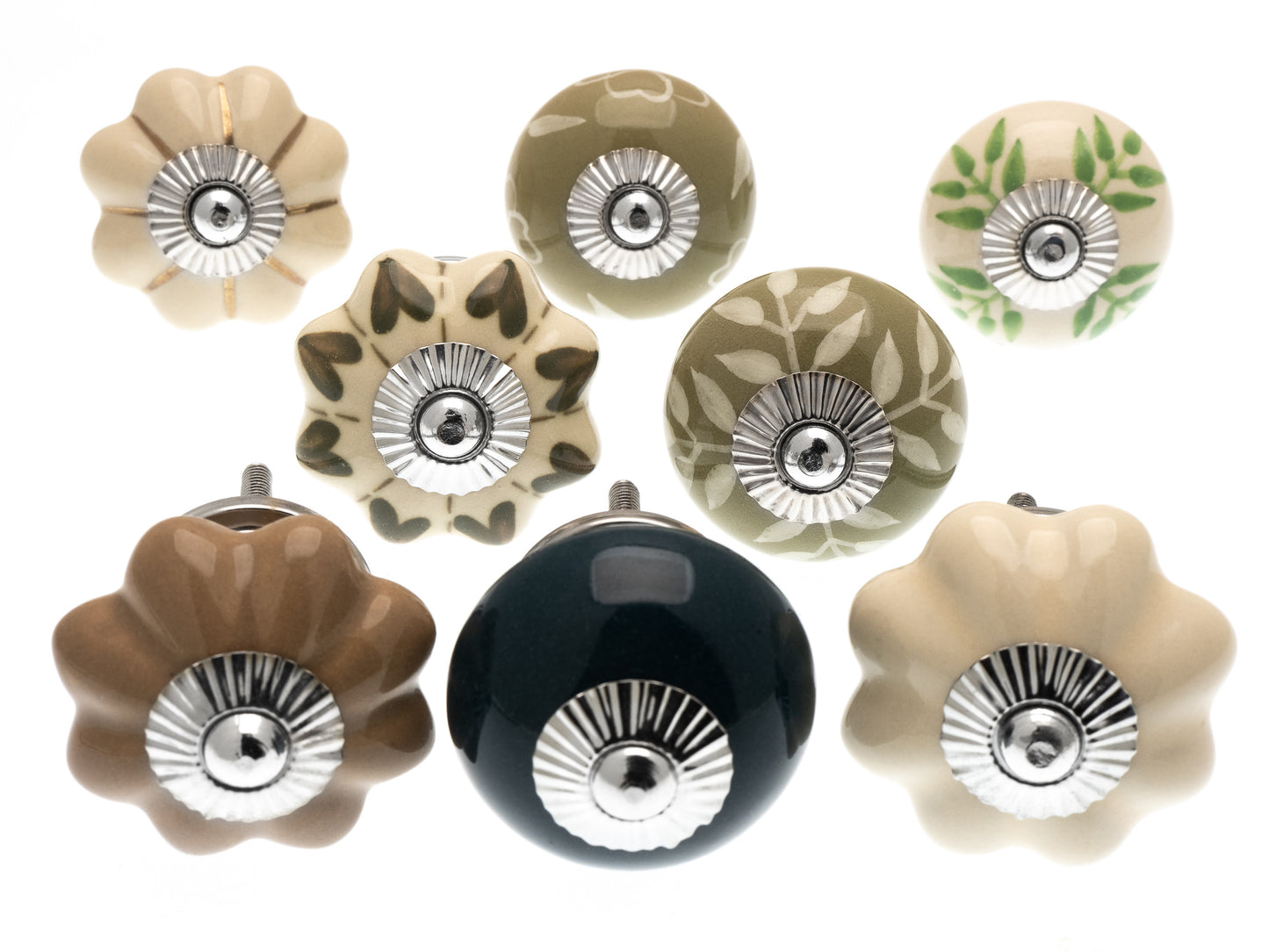 Boutons de porte en vert sauge, marron chiné et chantournage en laiton - Paquet de 8 boutons de placard