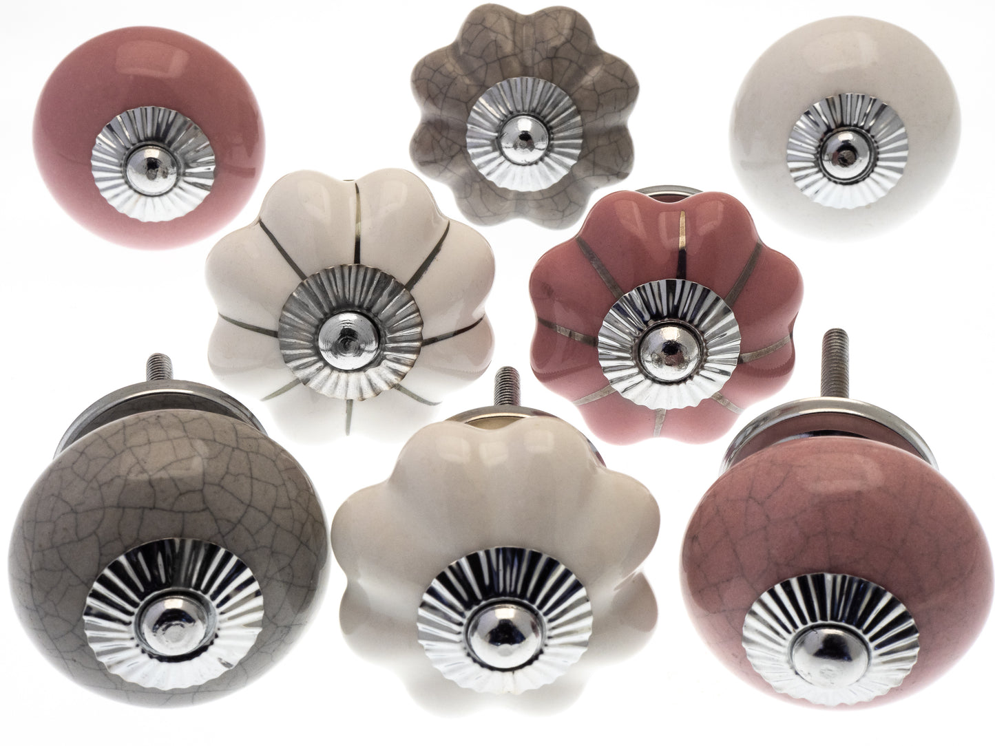 Boutons de porte en céramique avec effets craquelés rose pastel et gris et verre - Ensemble de 8