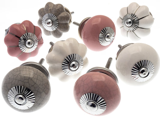 Boutons de porte en céramique avec effets craquelés rose pastel et gris et verre - Ensemble de 8