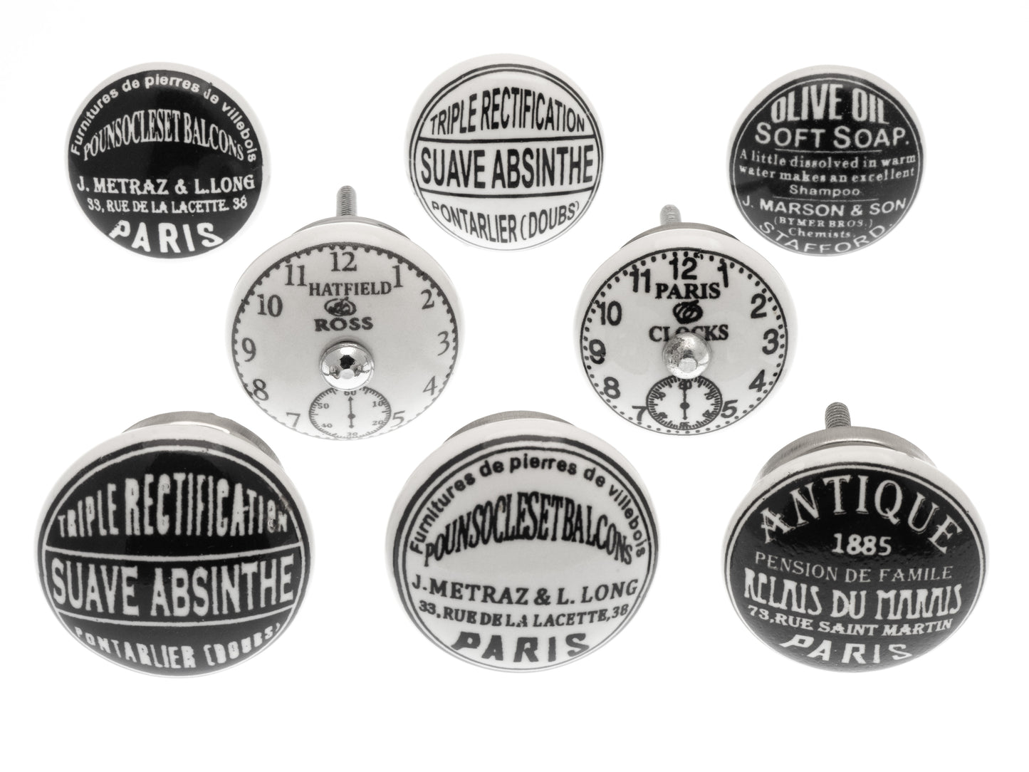 Ceramic Door Knobs in Old Vintage Signs & Paris Theme (Set of 8)
