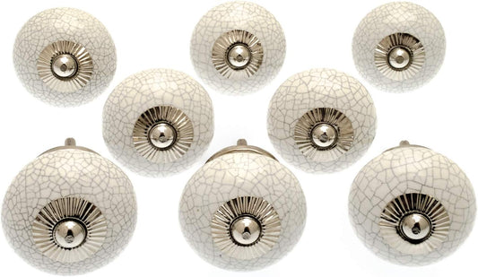 White Crackle Ceramic Door Knobs Cupboard Drawer Pull Handles Set of 8