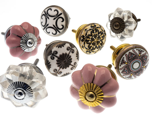 Boutons de porte en céramique Boutons en mosaïque et en verre rose pastel, violet et or - Ensemble de 8