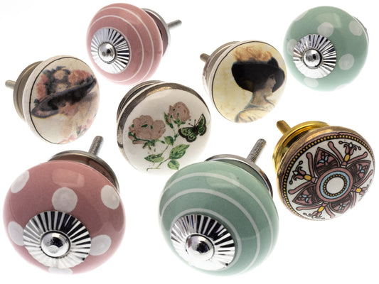 Boutons de porte en céramique - Pastels doux avec roses et marguerites - Ensemble mixte de 8