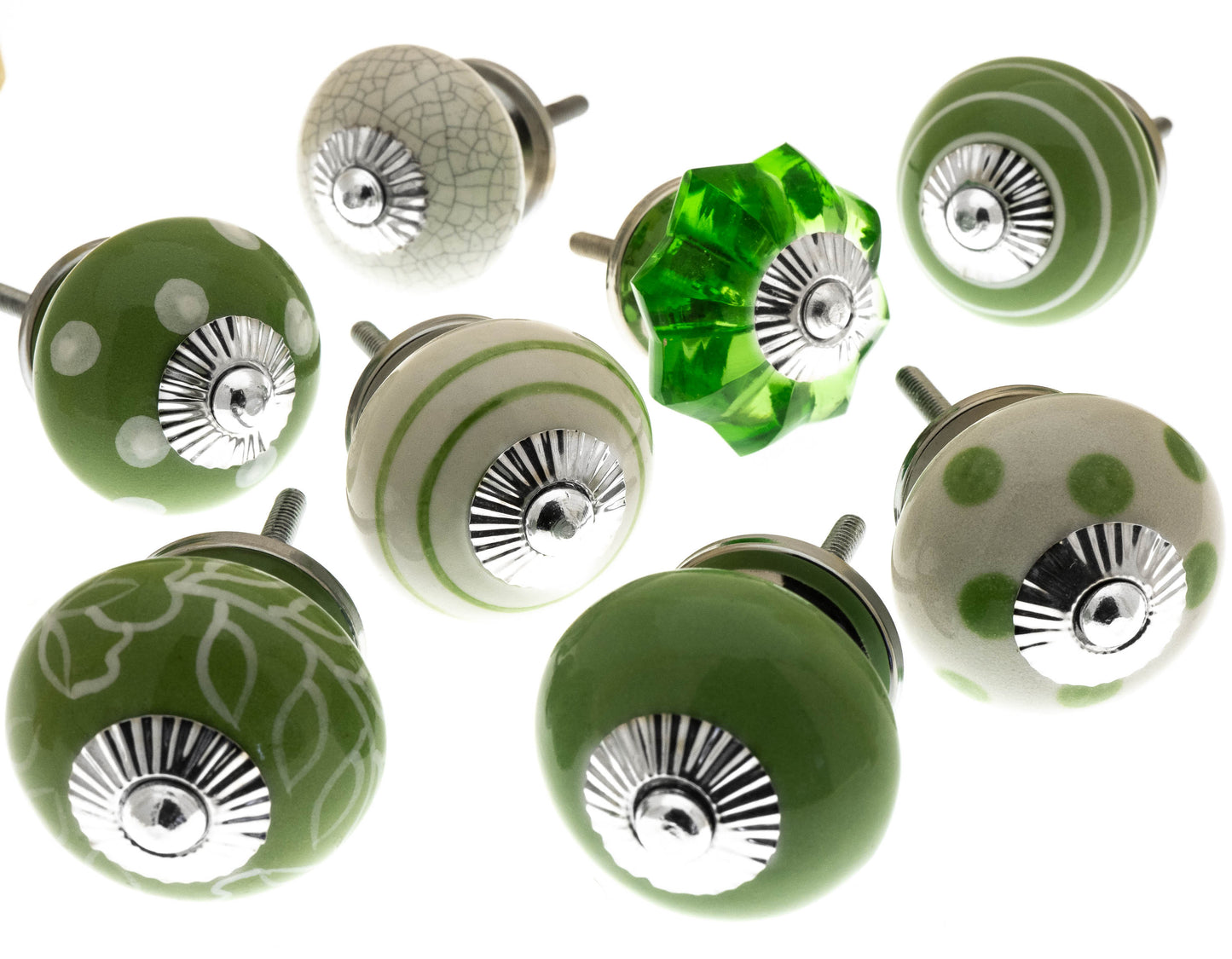 Ceramic and Glass Cupboard Knobs in Bright Green Designs - Set of 8