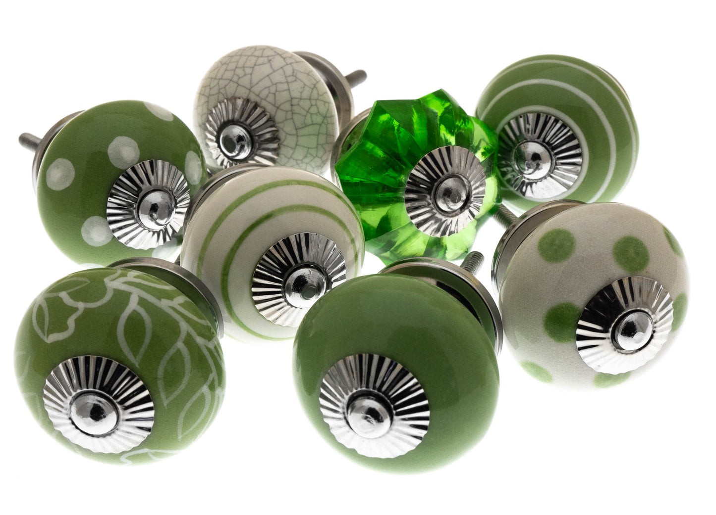 Ceramic and Glass Cupboard Knobs in Bright Green Designs - Set of 8