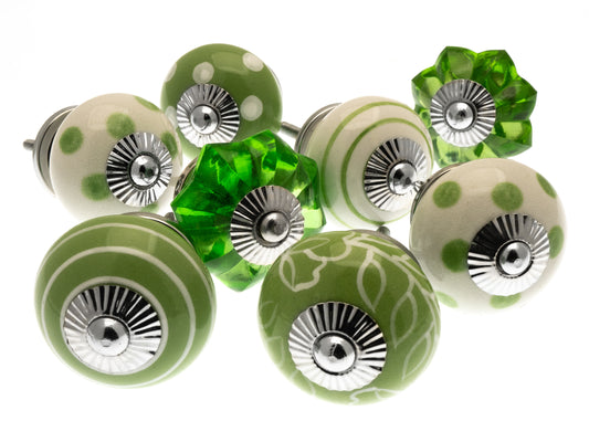 Ceramic and Glass Cupboard Knobs in Bright Green Designs - Set of 8