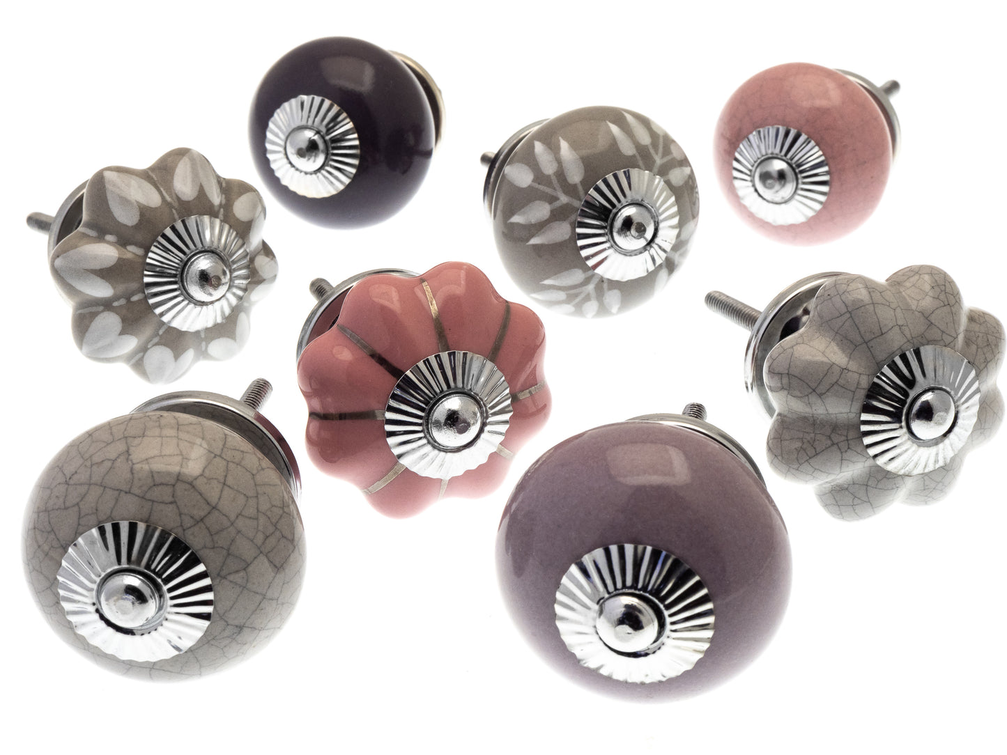 Glass and Ceramic Cupboard Door Knob Set of 8 in Neutral Shades of Antique Pinks and Gentle Grey Designs