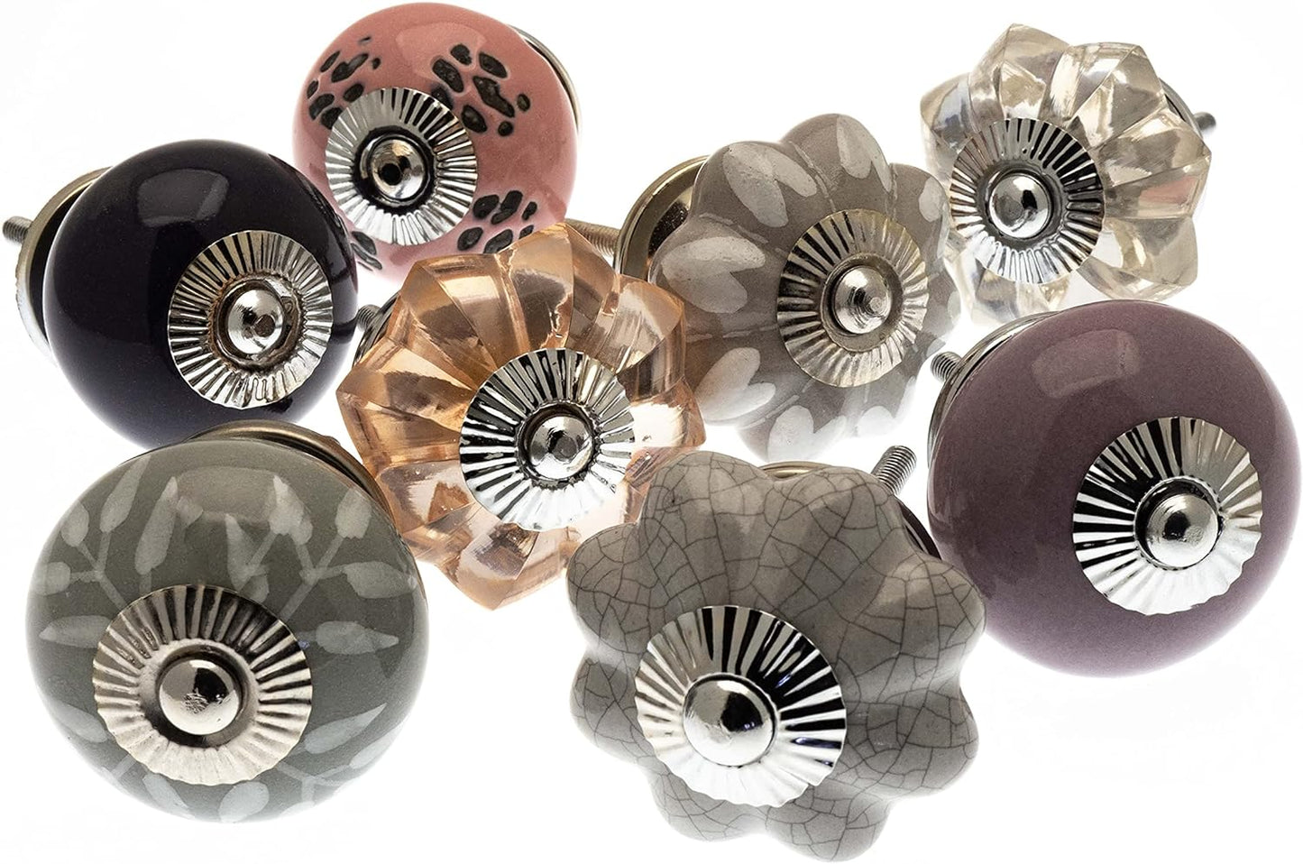 Glass and Ceramic Cupboard Door Knob Set of 8 in Neutral Shades of Antique Pinks and Gentle Grey Designs