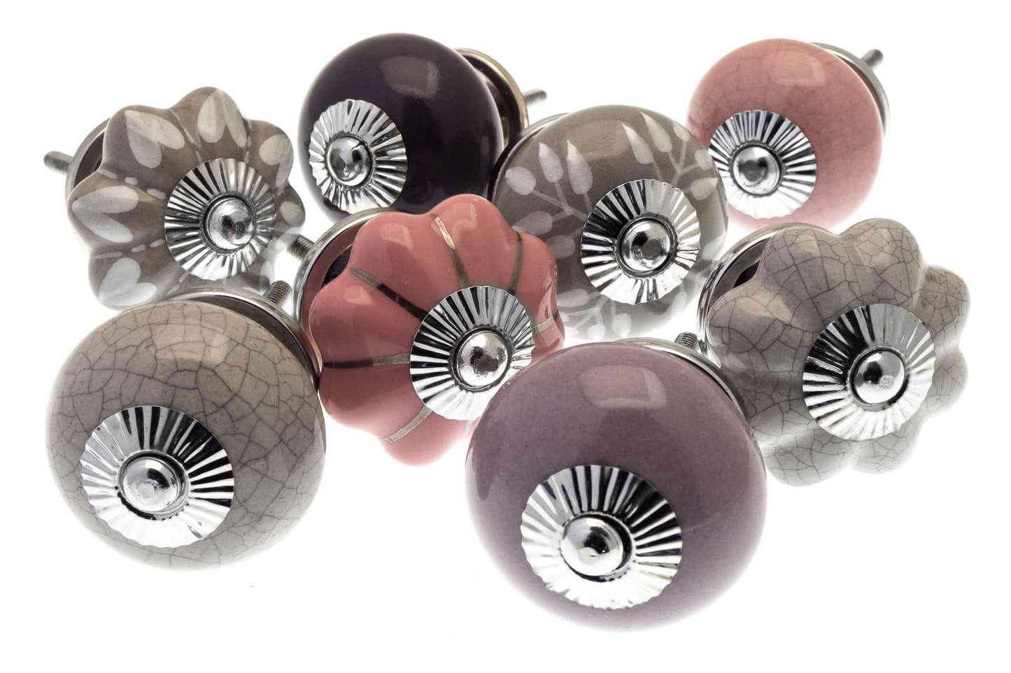 Glass and Ceramic Cupboard Door Knob Set of 8 in Neutral Shades of Antique Pinks and Gentle Grey Designs