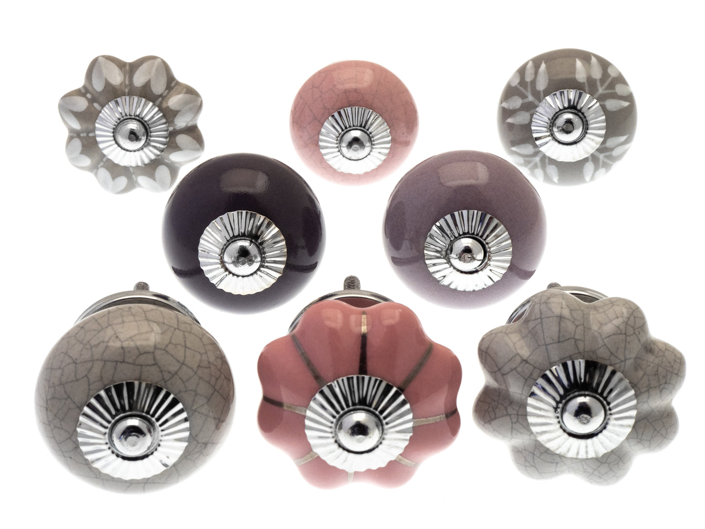 Glass and Ceramic Cupboard Door Knob Set of 8 in Neutral Shades of Antique Pinks and Gentle Grey Designs
