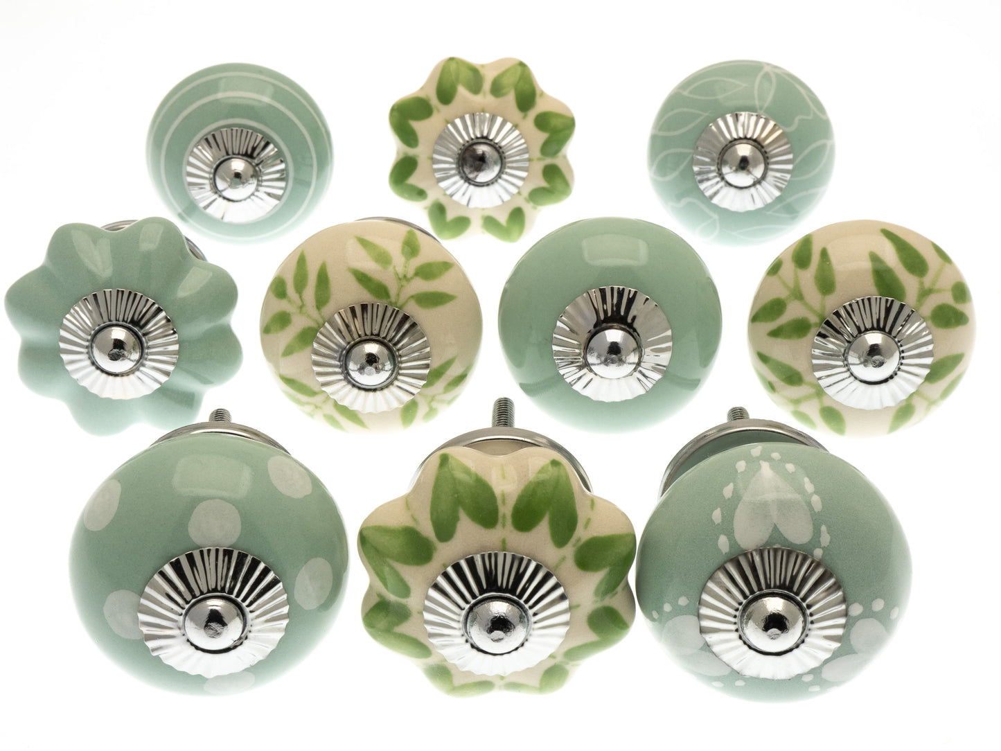 Hand Painted Door Knobs in Pale Mint Green and Cream Shades - Set of 10