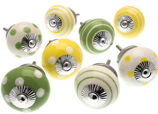Bright Green and Yellow Ceramic Cupboard Door Knobs in Hand Painted Dots and Stripes Set of 8ing Lemons and Pastel Blues