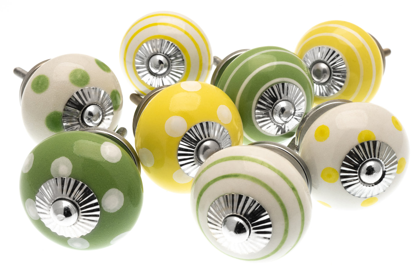 Boutons de porte de placard en céramique vert vif et jaune, points et rayures peints à la main, ensemble de 8 citrons et bleus pastel