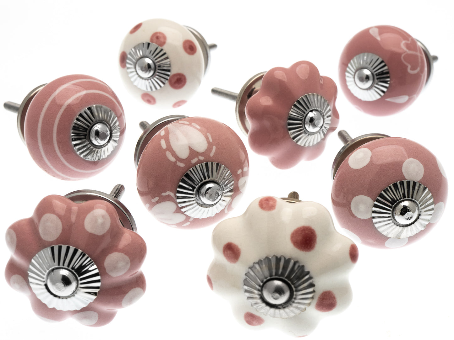 Pink and White Ceramic Knobs in Painted Hearts, Spots, Stripes and Leaves