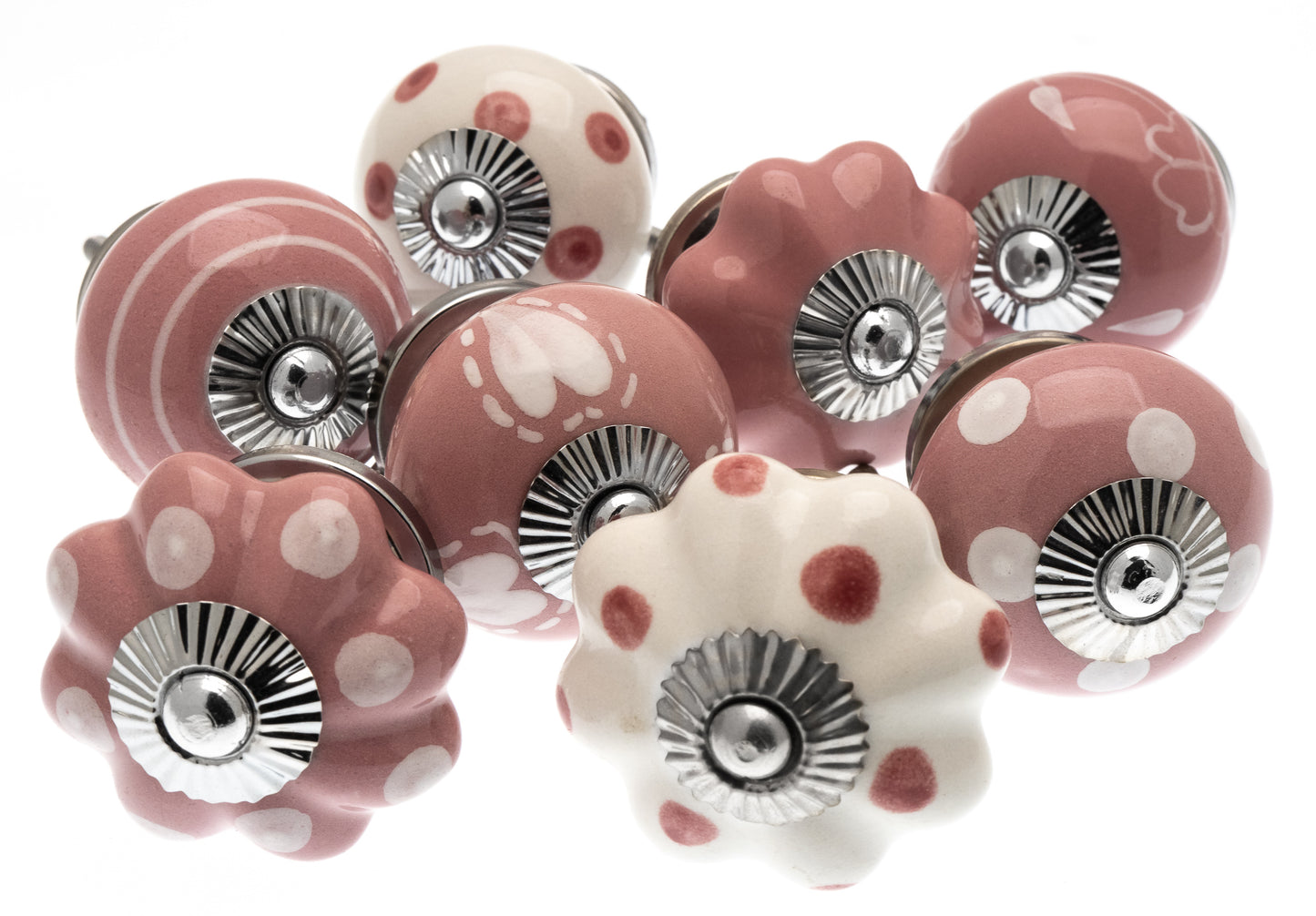 Pink and White Ceramic Knobs in Painted Hearts, Spots, Stripes and Leaves