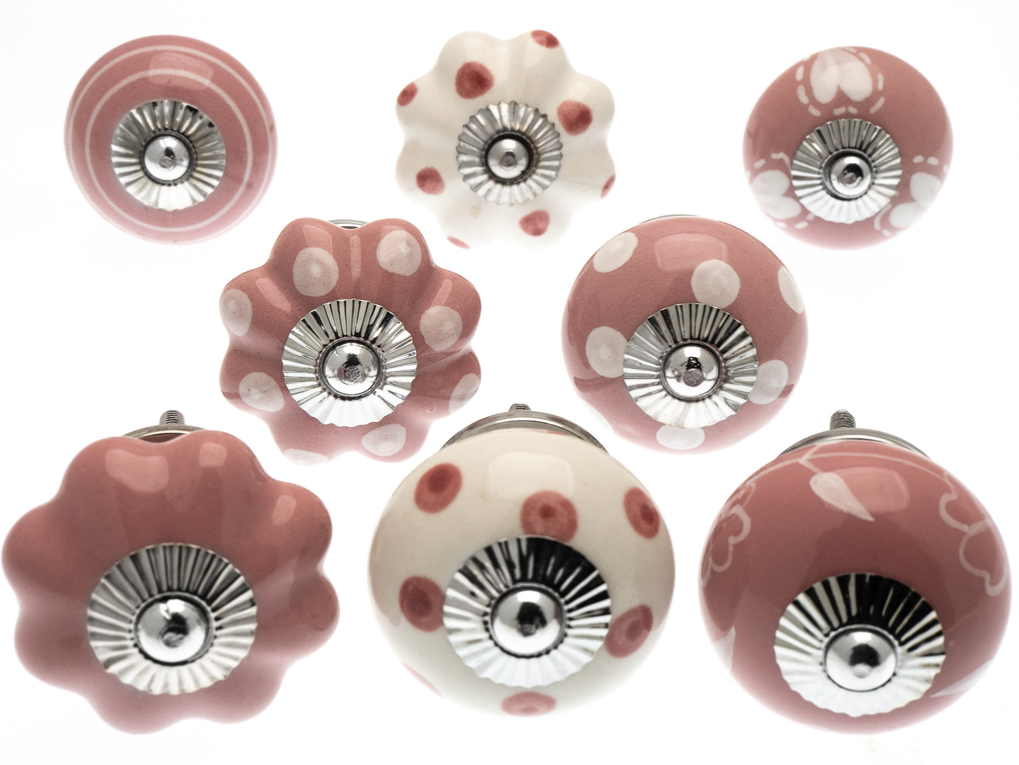 Pink and White Ceramic Knobs in Painted Hearts, Spots, Stripes and Leaves