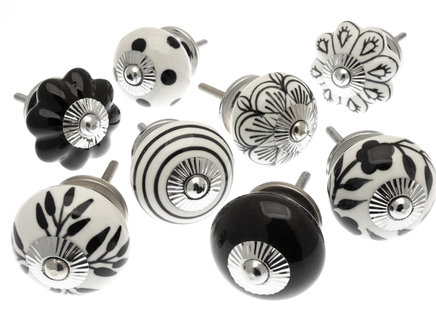 Ceramic Cupboard Door Knobs in Black and White Hand Painted Designs - Set of 8