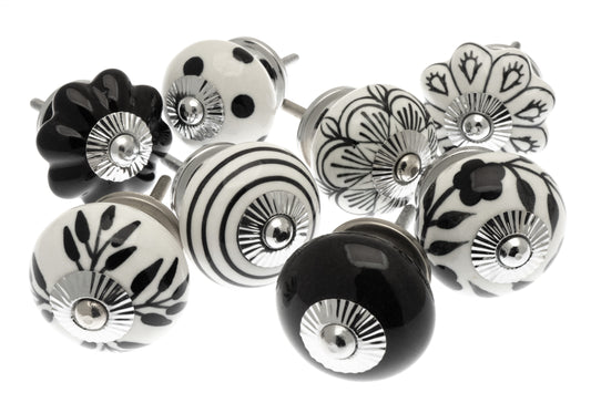 Ceramic Cupboard Door Knobs in Black and White Hand Painted Designs - Set of 8