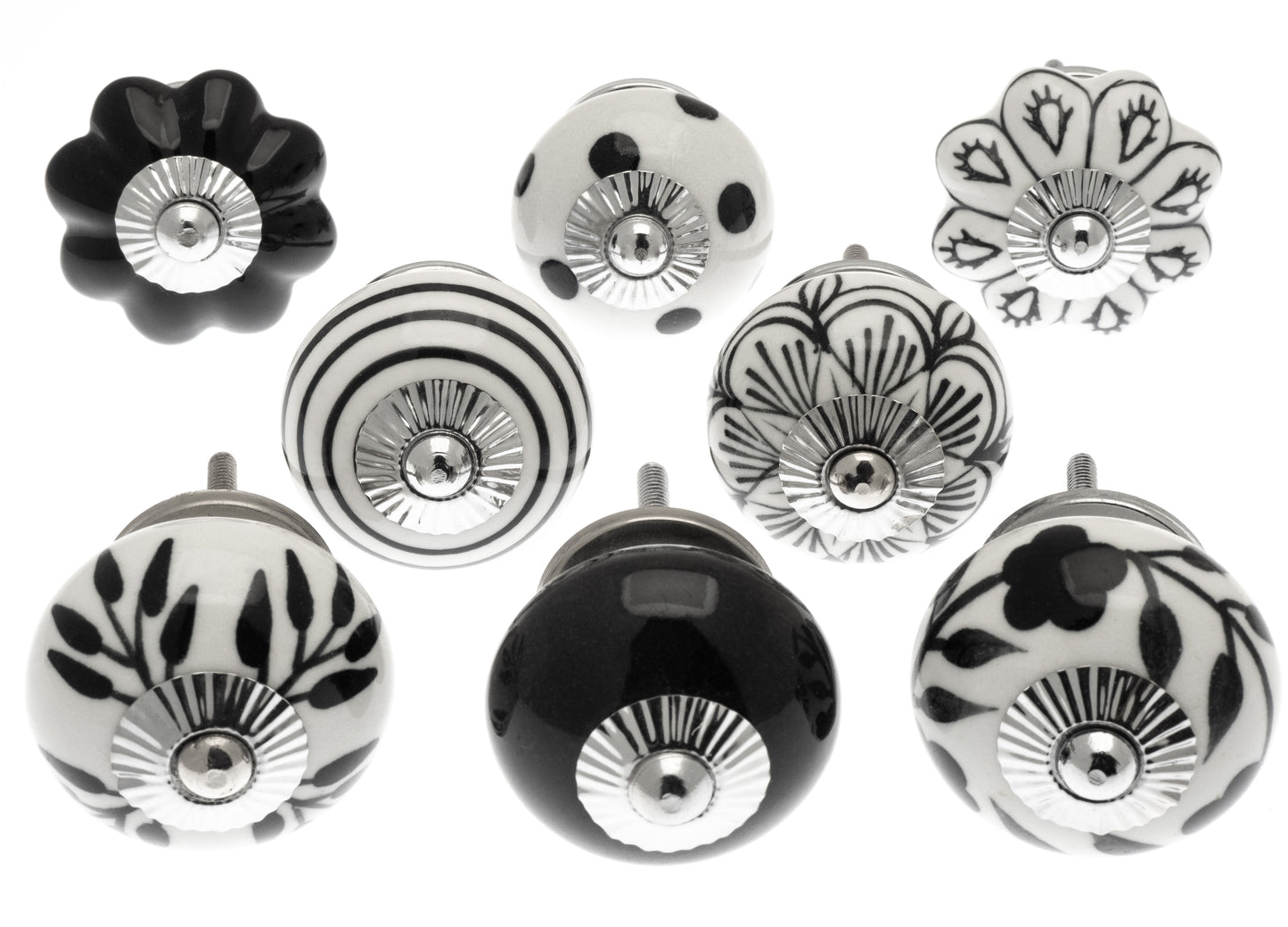 Ceramic Cupboard Door Knobs in Black and White Hand Painted Designs - Set of 8