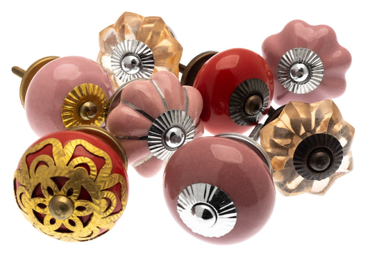 Ceramic Door Knobs - 8 Red & Pink Glass and Ceramic Knobs