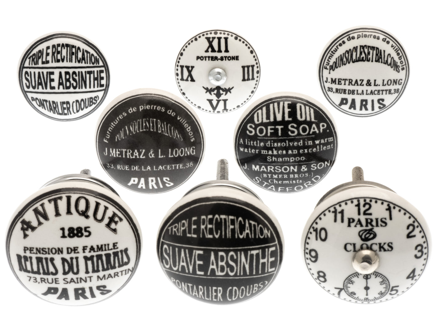 Boutons de porte en céramique dans des enseignes et des horloges vintage (Ensemble de 8)