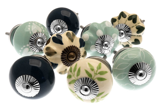 Ceramic Door Knobs Greens Hearts and Teal Set of 8