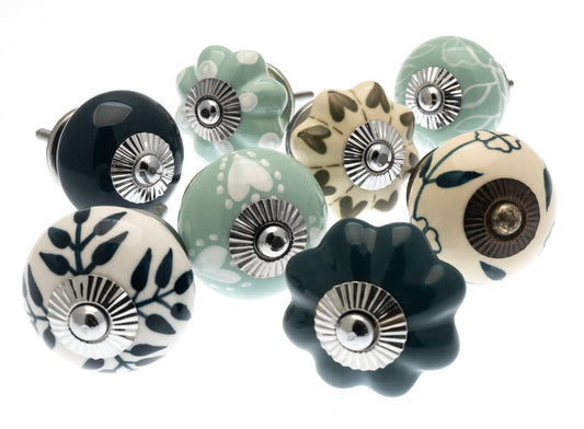 Boutons de porte en céramique, cœurs verts et sarcelle, ensemble de 8