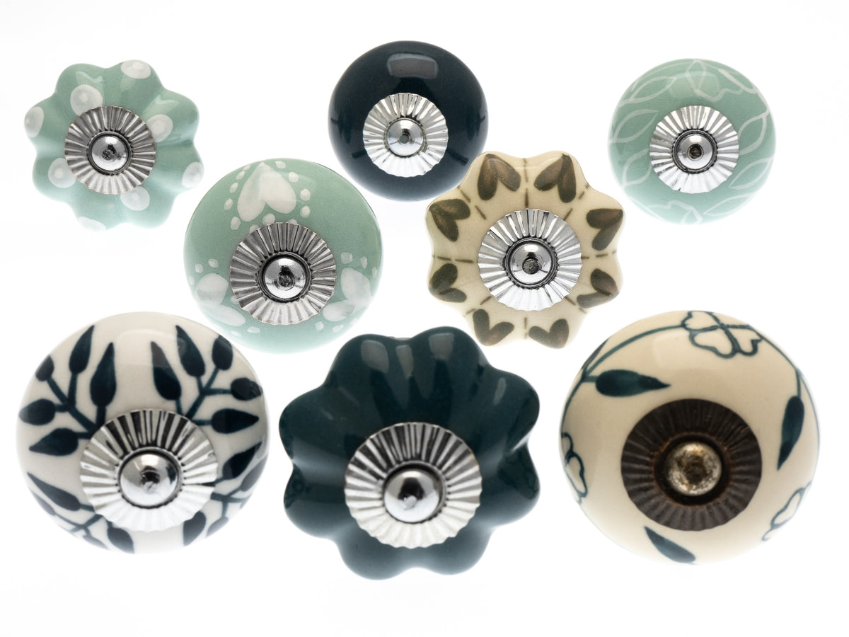 Boutons de porte en céramique, cœurs verts et sarcelle, ensemble de 8