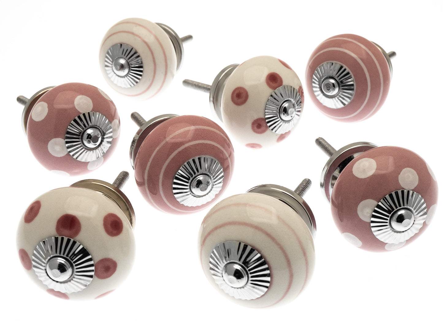 Pink Ceramic Cupboard Door Knobs in Hand Painted Spots and Stripes