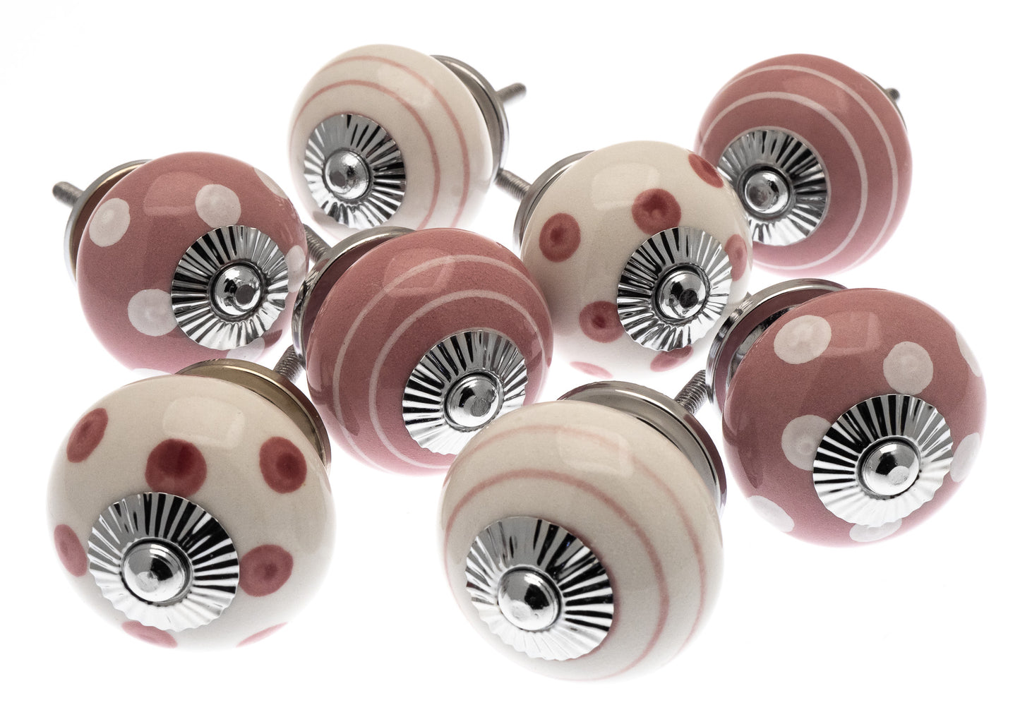 Pink Ceramic Cupboard Door Knobs in Hand Painted Spots and Stripes