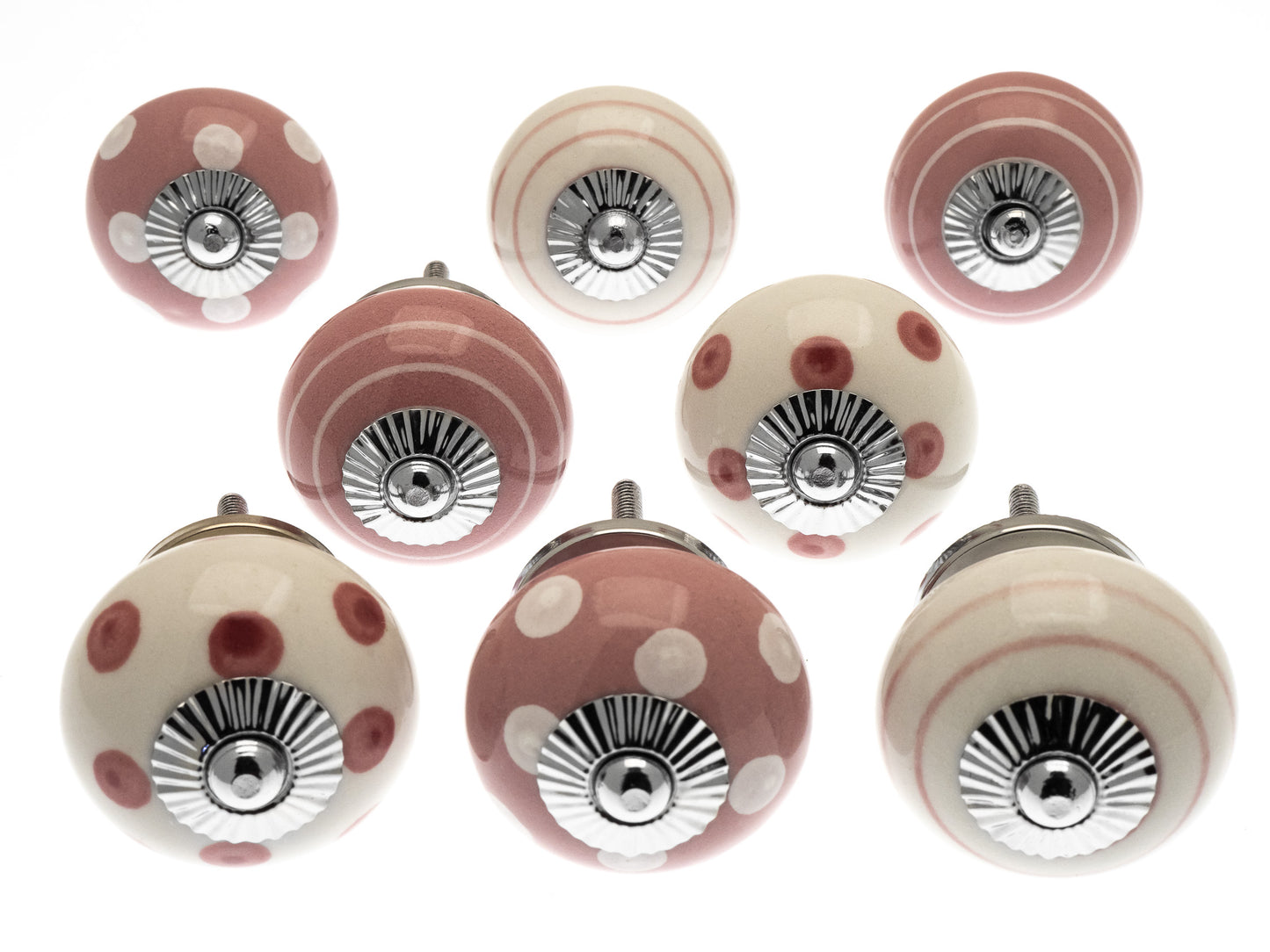 Pink Ceramic Cupboard Door Knobs in Hand Painted Spots and Stripes