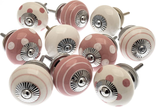 Pink Ceramic Cupboard Door Knobs in Hand Painted Spots and Stripes - Set of 10