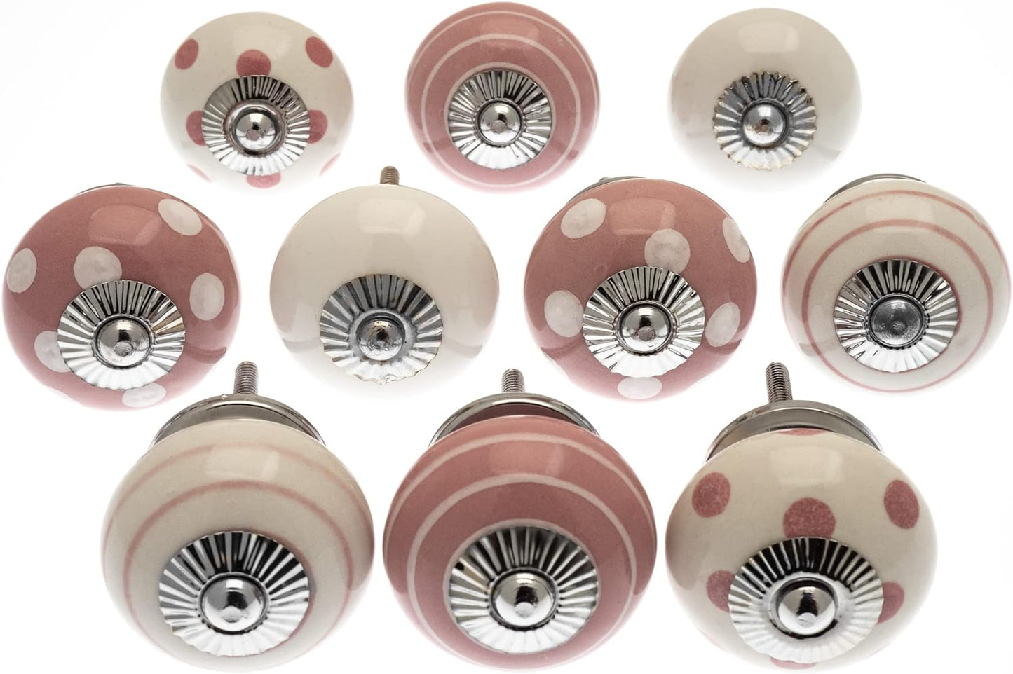 Boutons de porte de placard en céramique rose à pois et rayures peints à la main - Lot de 10