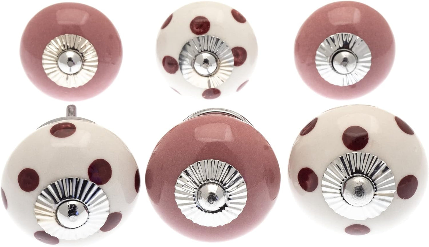 Boutons de porte en céramique, conçus exclusivement, peints à la main, roses foncés et boutons blancs - Ensemble de 6