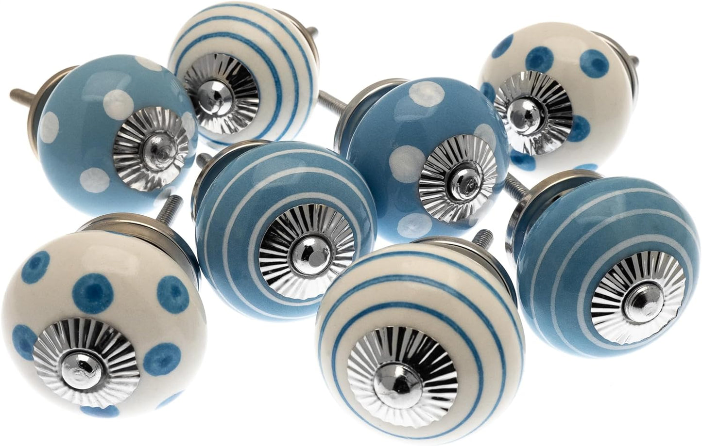 Ceramic Door Knobs in Pale Blue - Hand Painted Dots  (Set of 8)